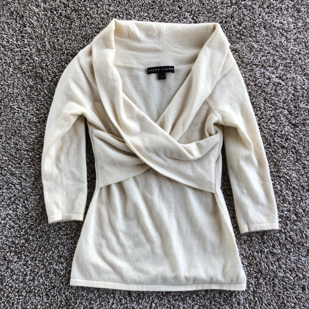 Ralph Lauren Black Label Cashmere Top Size Small Ivory Wrap-Front Sweater Dress